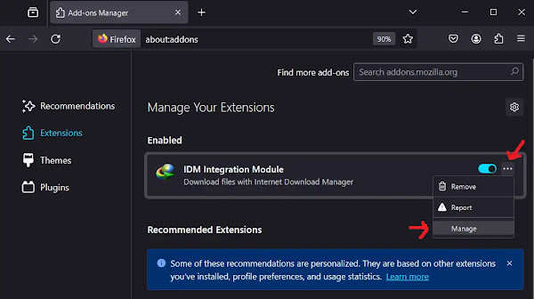 Manage IDM Integration Module in Firefox