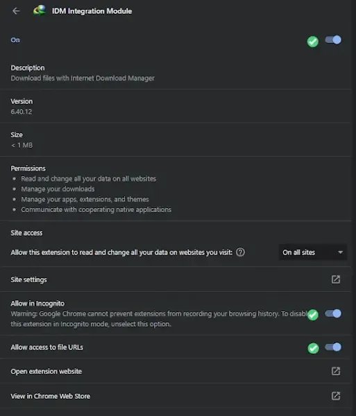 enable idm extension in incognito mode in google chrome