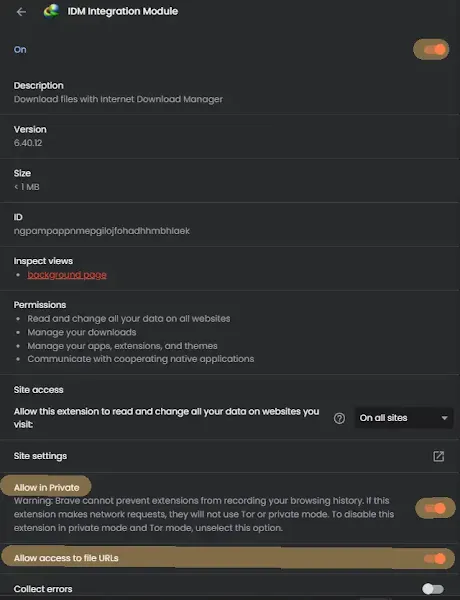 allow idm extension in incognito mode in brave browser