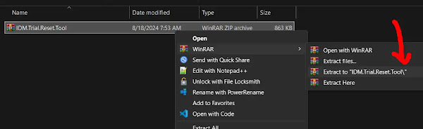 Extract IDM Trial Reset zip using WinRAR