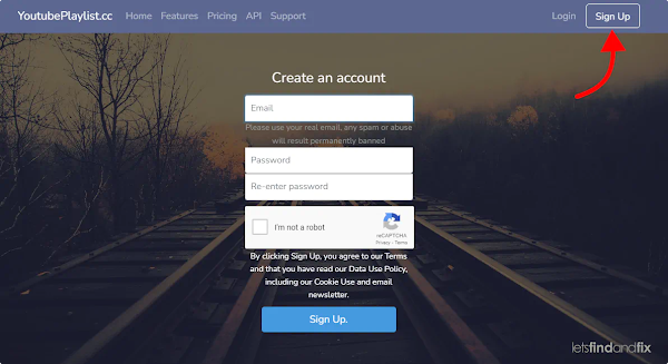 youtubeplaylist.cc sign up page screenshot